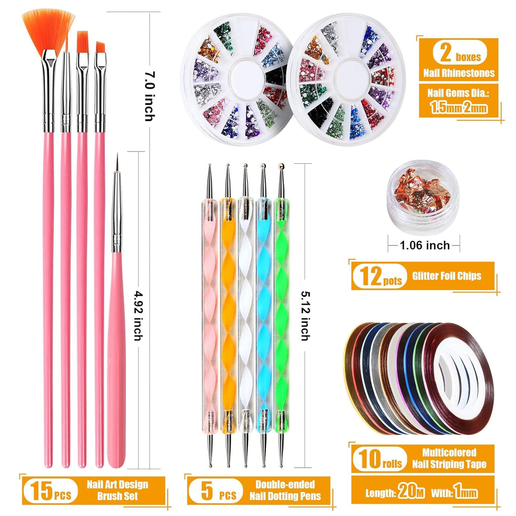 Teenitor Nail Pen Designer, Stamp Nail Art Tool with 15pcs Nail Painting Brushes, Nail Dotting Tool, Nail Foil, Manicure Tape, Color Rhinestones for Nails Pink