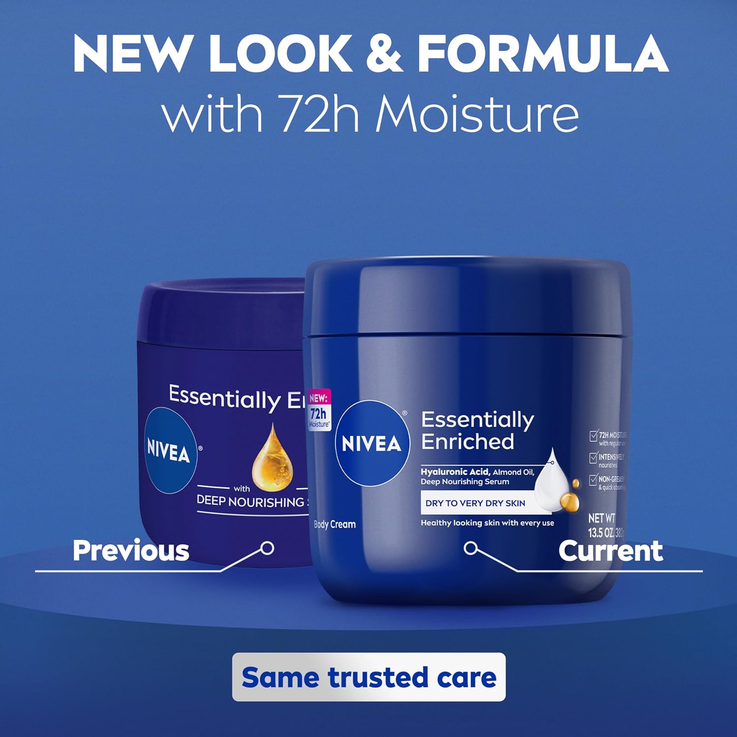 Nivea Essentially Enriched Body Cream For Dry To Very Dry Skin With Hyaluronic Acid, Deep Nourishing Serum And Almond Oil, 72-Hour Body Moisturizer, 13.5 Oz Jar