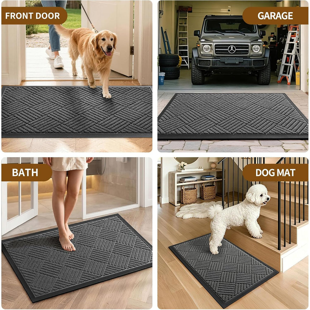 Front Door Mat, Heavy Duty Waterproof Doormat 29.5"X17", Grey | Indoor Outdoor Non-Slip Low Profile Dirt Trapper Absorbent Rubber Mat For Entryway, Stain Fade Resistant Easy Clean