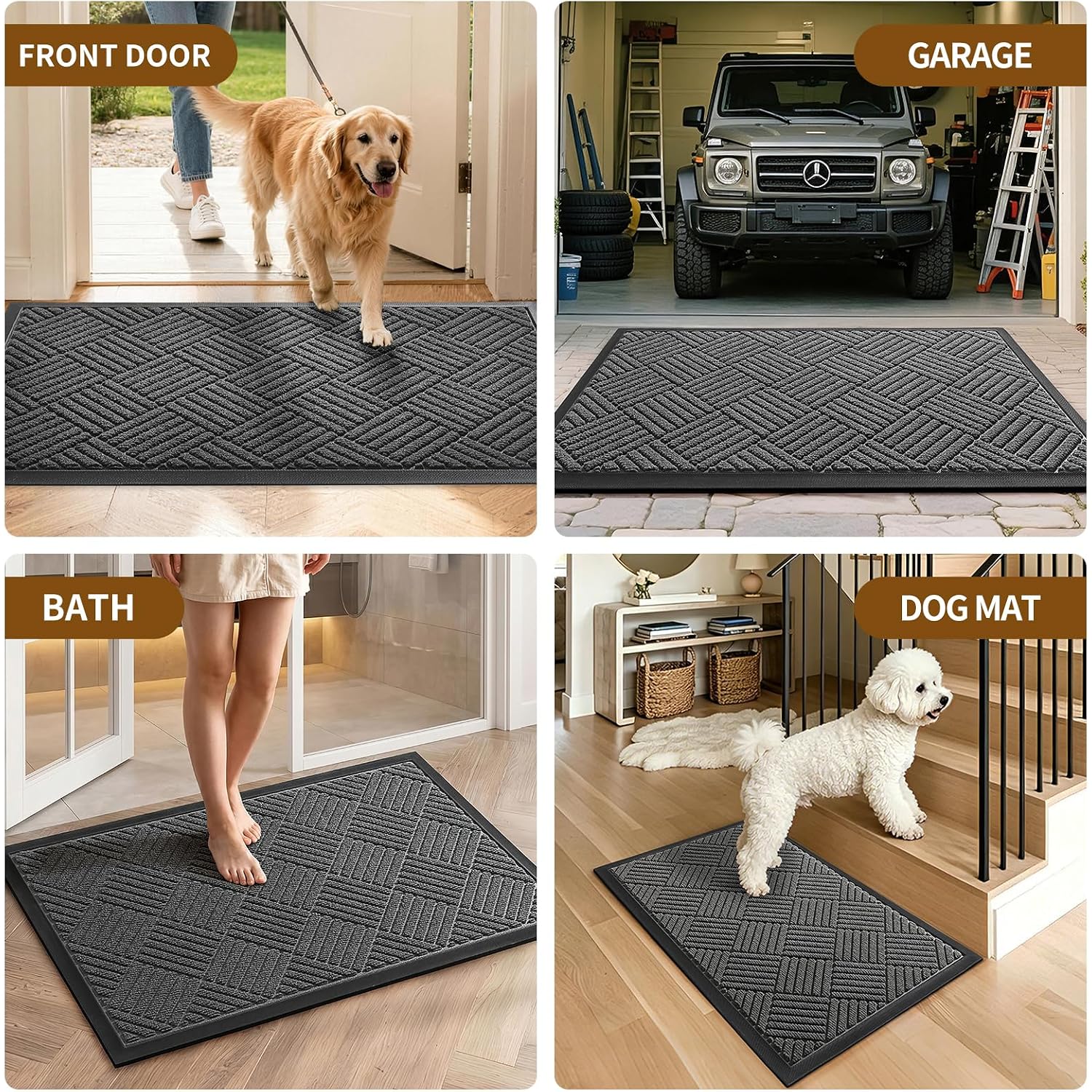 Front Door Mat, Heavy Duty Waterproof Doormat 29.5"X17", Grey | Indoor Outdoor Non-Slip Low Profile Dirt Trapper Absorbent Rubber Mat For Entryway, Stain Fade Resistant Easy Clean