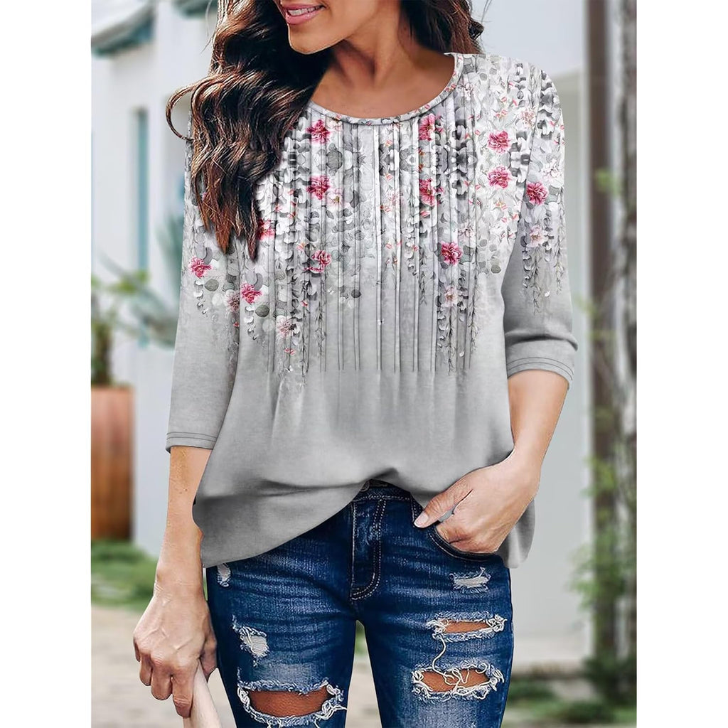 KISSMODA Women's Round Neck Pleated 3/4 Sleeve Tunic Top