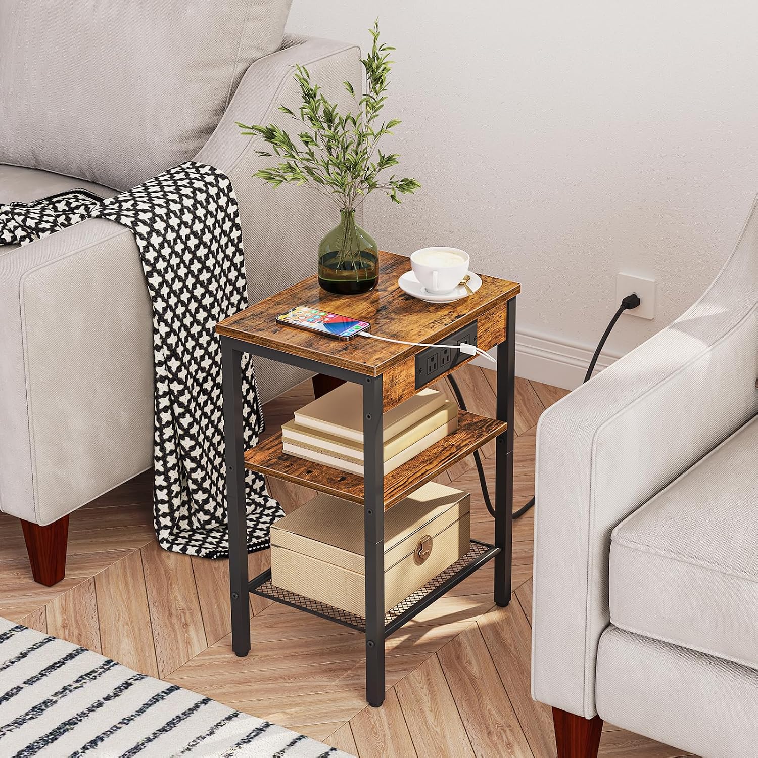 Hoobro Side Table With Charging Station And Usb Port, Small End Table For Small Space, 3-Tier Nightstand With Adjustable Shelf, For Living Room, Bedroom, Rustic Brown Bf112Bz01