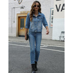 Unilexi Women'S 3/4 Sleeve Colored Cropped Denim Jacket Light Wash Short Jean Jacket Trucker Coat
