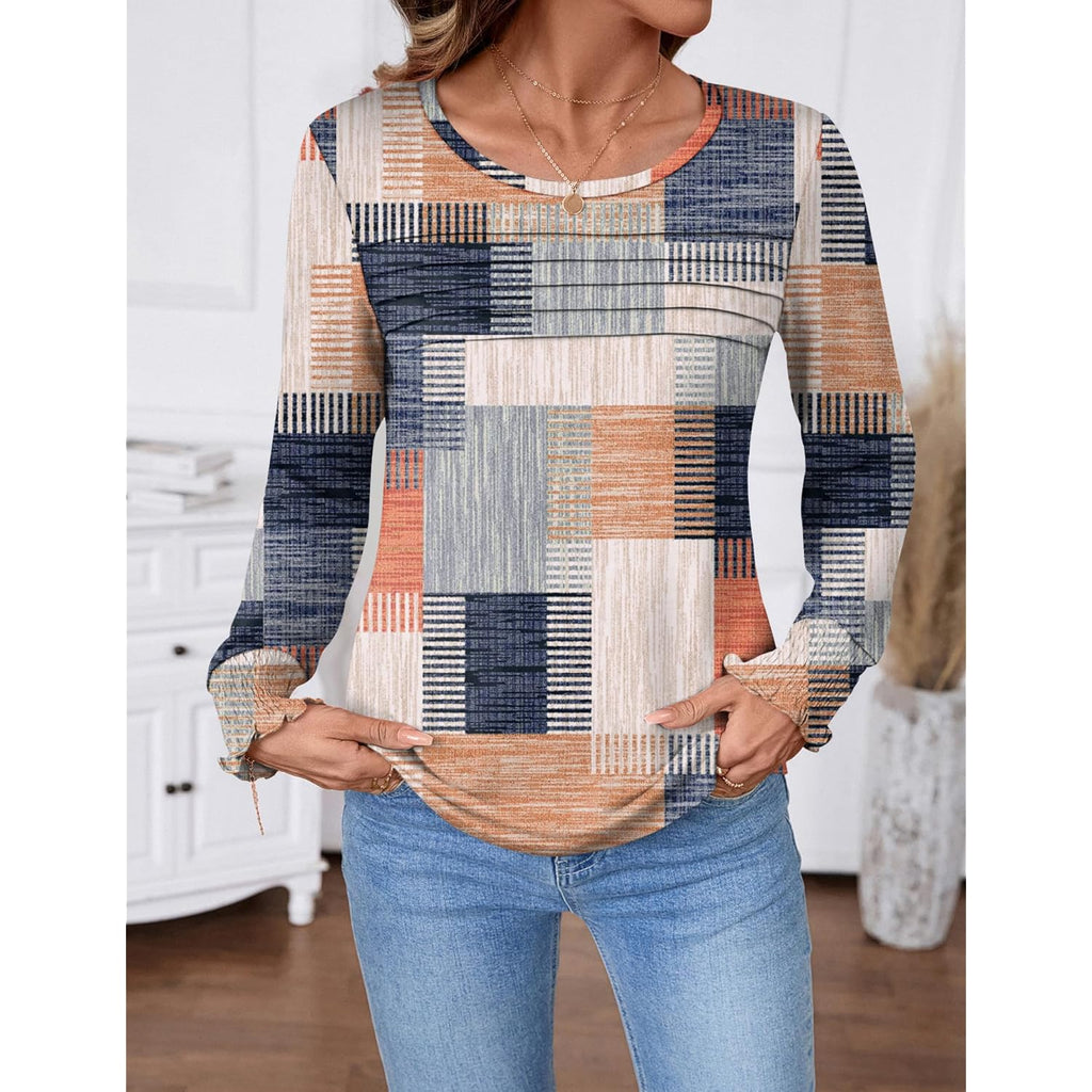 Women Tops Long Sleeve Blouses Dressy Casual Crewneck Pleated Tunic Shirts 2026 Loose Fashion Clothes