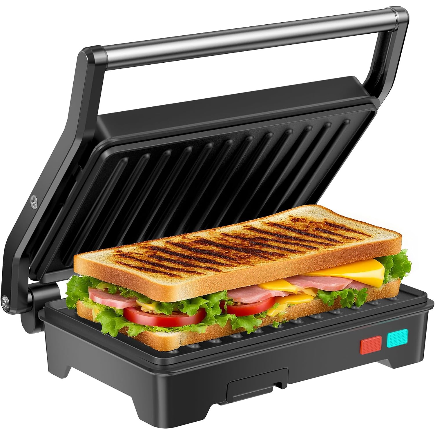 Panini Press Grill, 1000W Sandwich Maker With Non-Stick Coated Plates, Opens 180 Degrees For Any Size Of Food, 3-In-1 Sandwich Press Electric Grill, Stainless Steel Surface And Removable Drip Tray