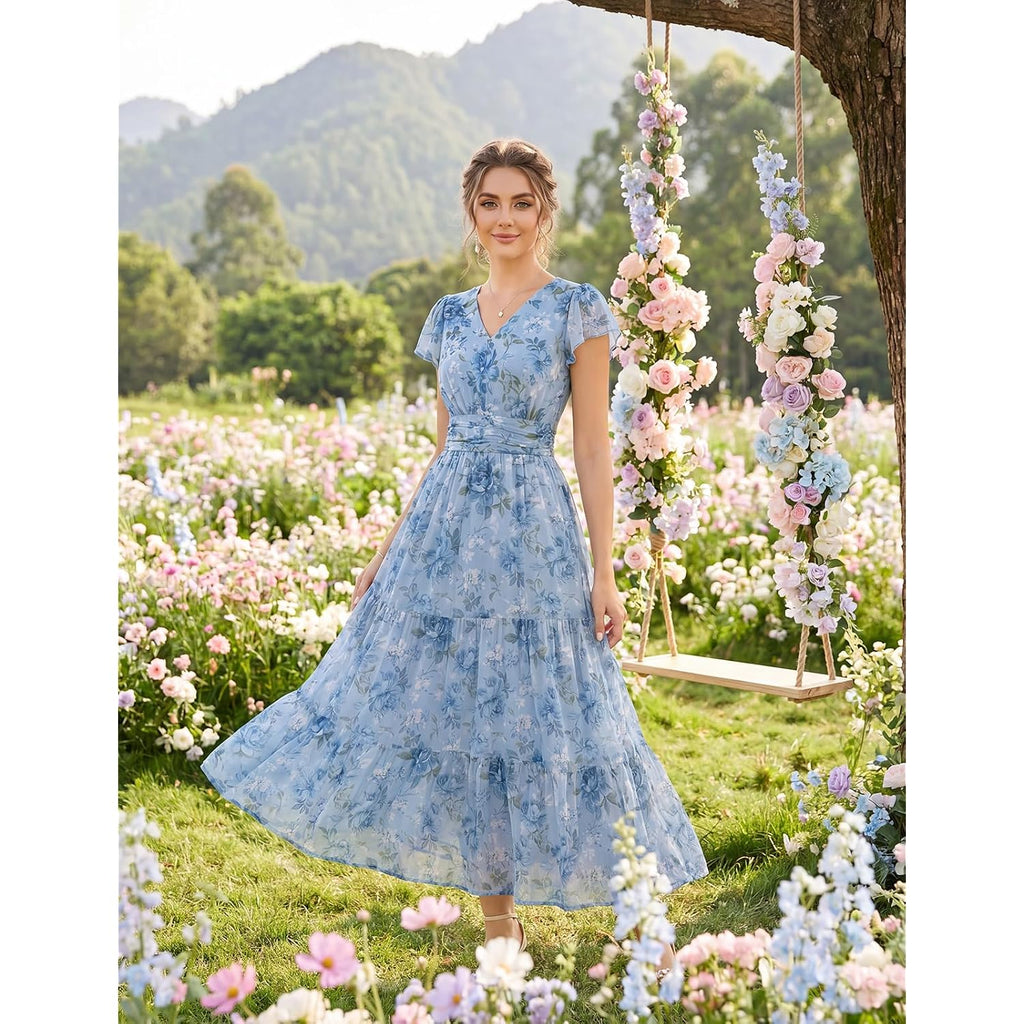Grace Karin 2026 Women Summer Dress,Maxi Short Sleeve Floral Dresses,Semi Formal Flowy Wedding Guest Dress With Pocket