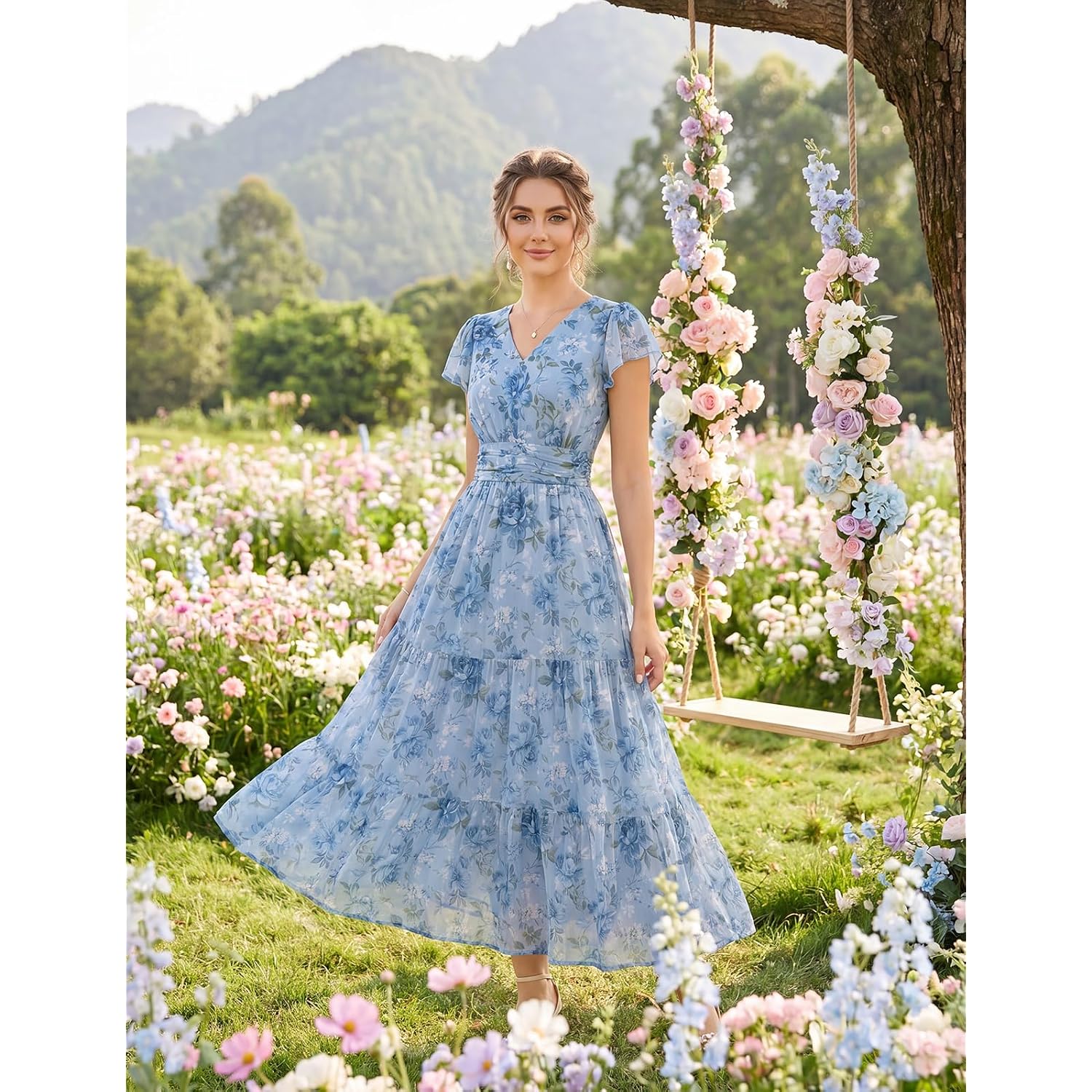 Grace Karin 2026 Women Summer Dress,Maxi Short Sleeve Floral Dresses,Semi Formal Flowy Wedding Guest Dress With Pocket
