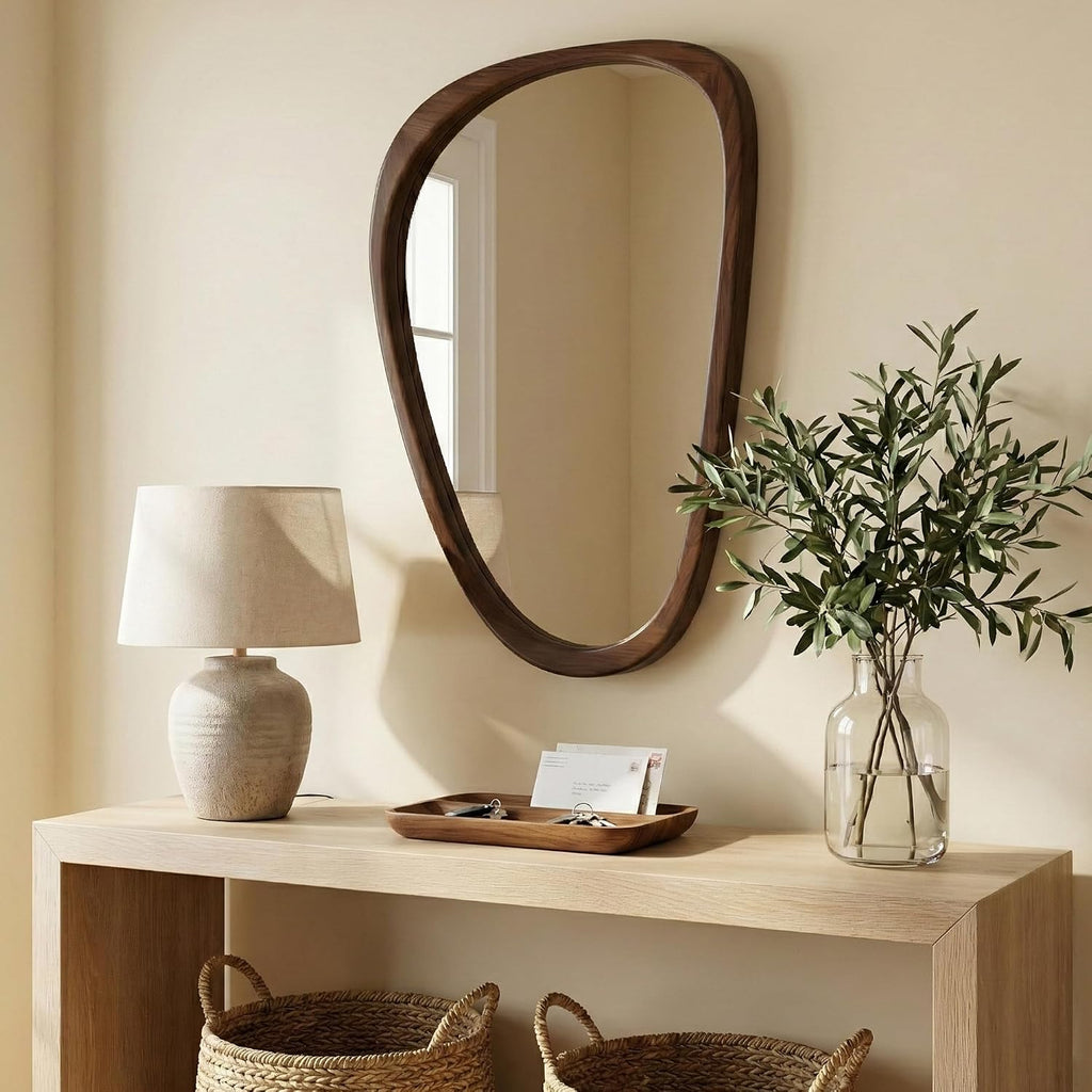 Solid Wood 30"X20" Dark Walnut Organic Irregular Wall Mirror Decor | Rich Grain And Asymmetrical Shape Add Mcm Warmth To Entryways, Hallway Walls, Powder Rooms, Console Tables, Small Spaces