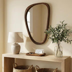 Solid Wood 30"X20" Dark Walnut Organic Irregular Wall Mirror Decor | Rich Grain And Asymmetrical Shape Add Mcm Warmth To Entryways, Hallway Walls, Powder Rooms, Console Tables, Small Spaces