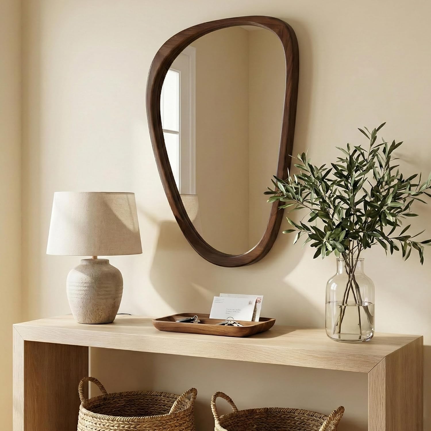 Solid Wood 30"X20" Dark Walnut Organic Irregular Wall Mirror Decor | Rich Grain And Asymmetrical Shape Add Mcm Warmth To Entryways, Hallway Walls, Powder Rooms, Console Tables, Small Spaces