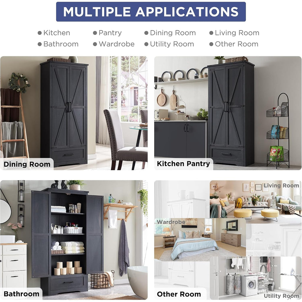 Farmhouse Kitchen Pantry Cabinet - 72" Tall Wood Kitchen Storage Cabinets With Adjustable Shelves & 2 Barn Doors & Drawer, Versatile Storage For Dining Room, Bathroom, Utility Room, Antique Black | Large