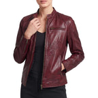 Women’S Real Lambskin Leather Jacket - Moto Cafe Racer Jacket With Zip Pockets & Snap Collar