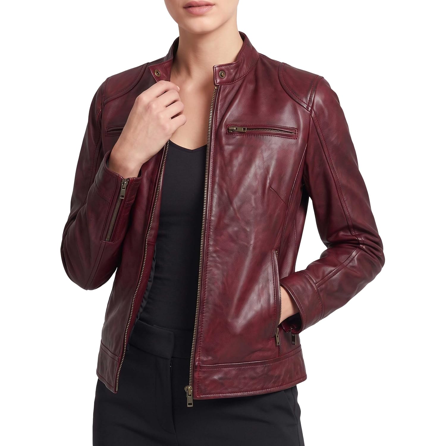 Women’S Real Lambskin Leather Jacket - Moto Cafe Racer Jacket With Zip Pockets & Snap Collar