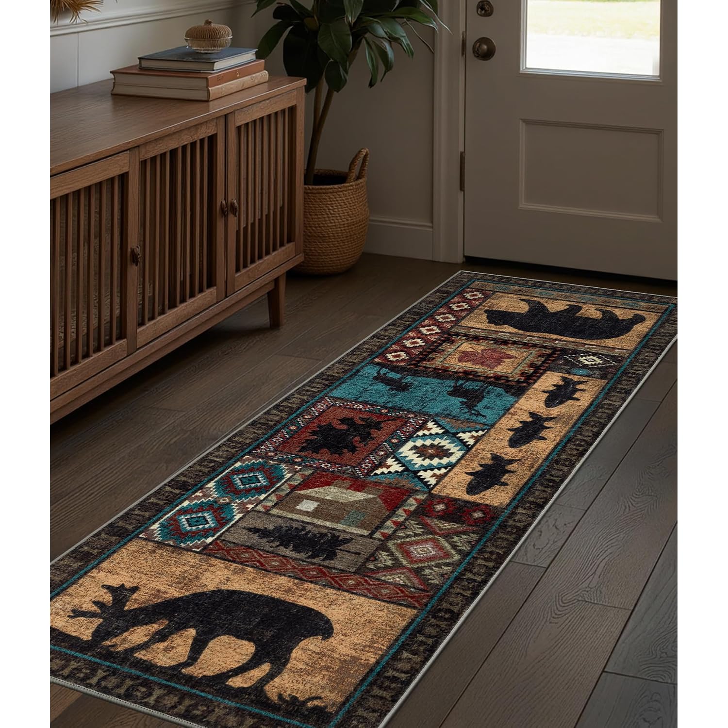 Hallway Runner Rug 2X6 Indoor Door Mat - Bear Rustic Cabin Non-Slip Entryway Rug, Low Pile Tribal Print For Kitchen, Bedroom