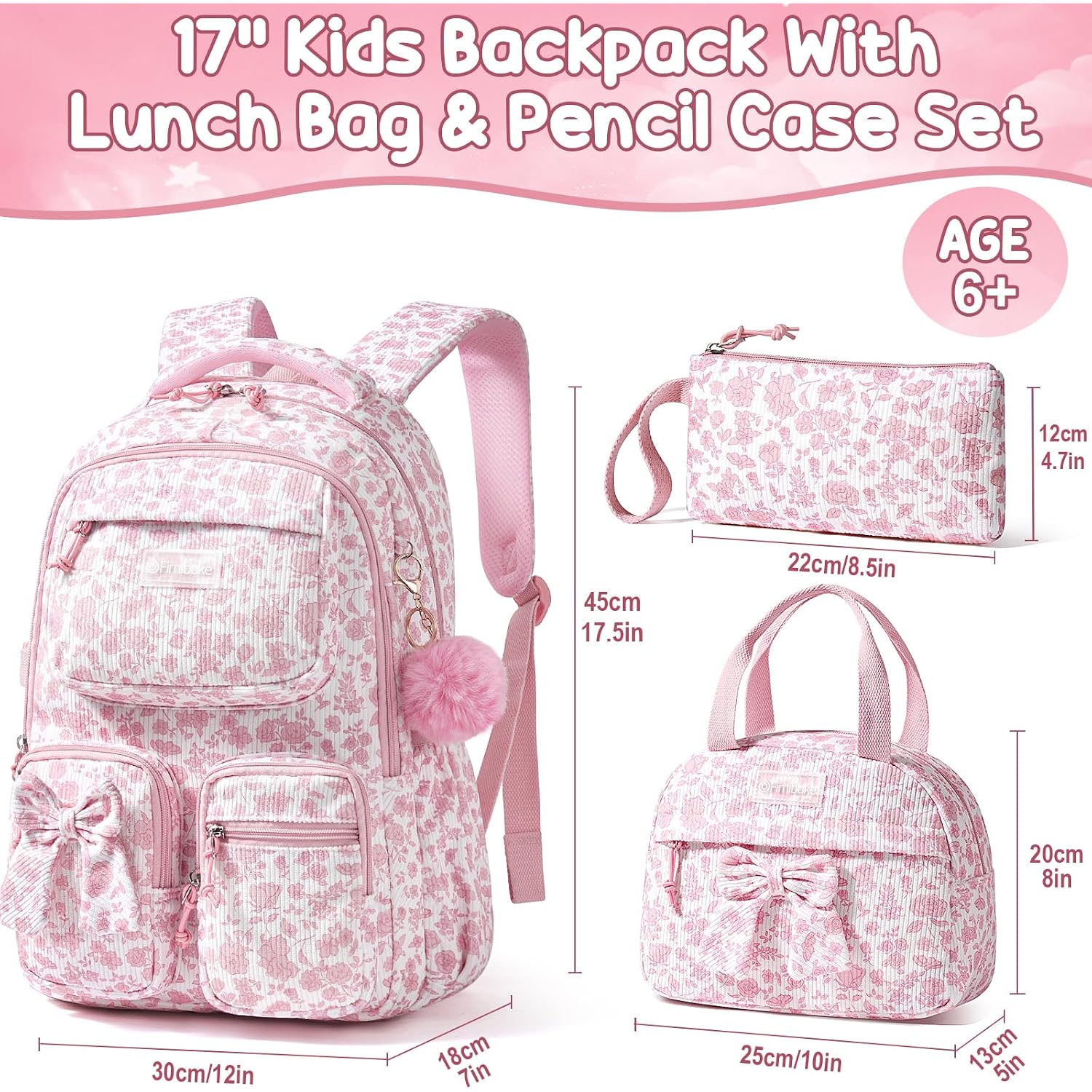 Fimibuke 3Pcs Corduroy Backpack For School Girls With Lunch Box Pencil Case | Lightweight Teen Girls Bow Backpack, Kids School Bag Bookbag For Elementary Middle High School Supplies Laptop Travel Daypack