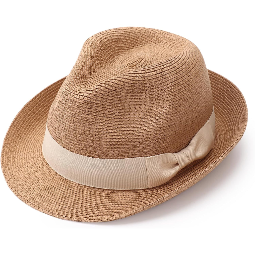 DRESHOW Women Straw Sun Hat Short Brim Panama Travel Fedora Beach Cap Roll up Summer Hat for Women Men UPF 50+ 1 Pack With Beige Band: Khaki