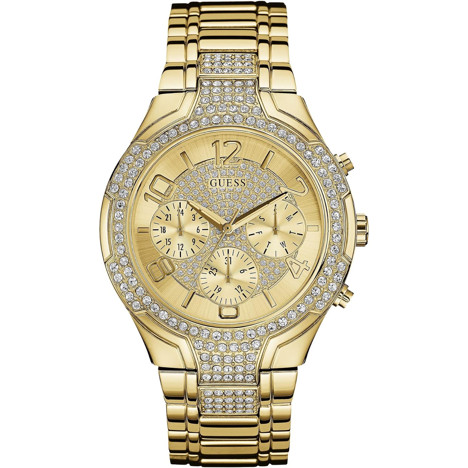 Guess Women'S Gold-Tone Stainless Steel Crystal Embellished Bracelet Watch With Day, Date + 24 Hour Military/Int'L Time. Color: Gold-Tone (Model: U0628L2)