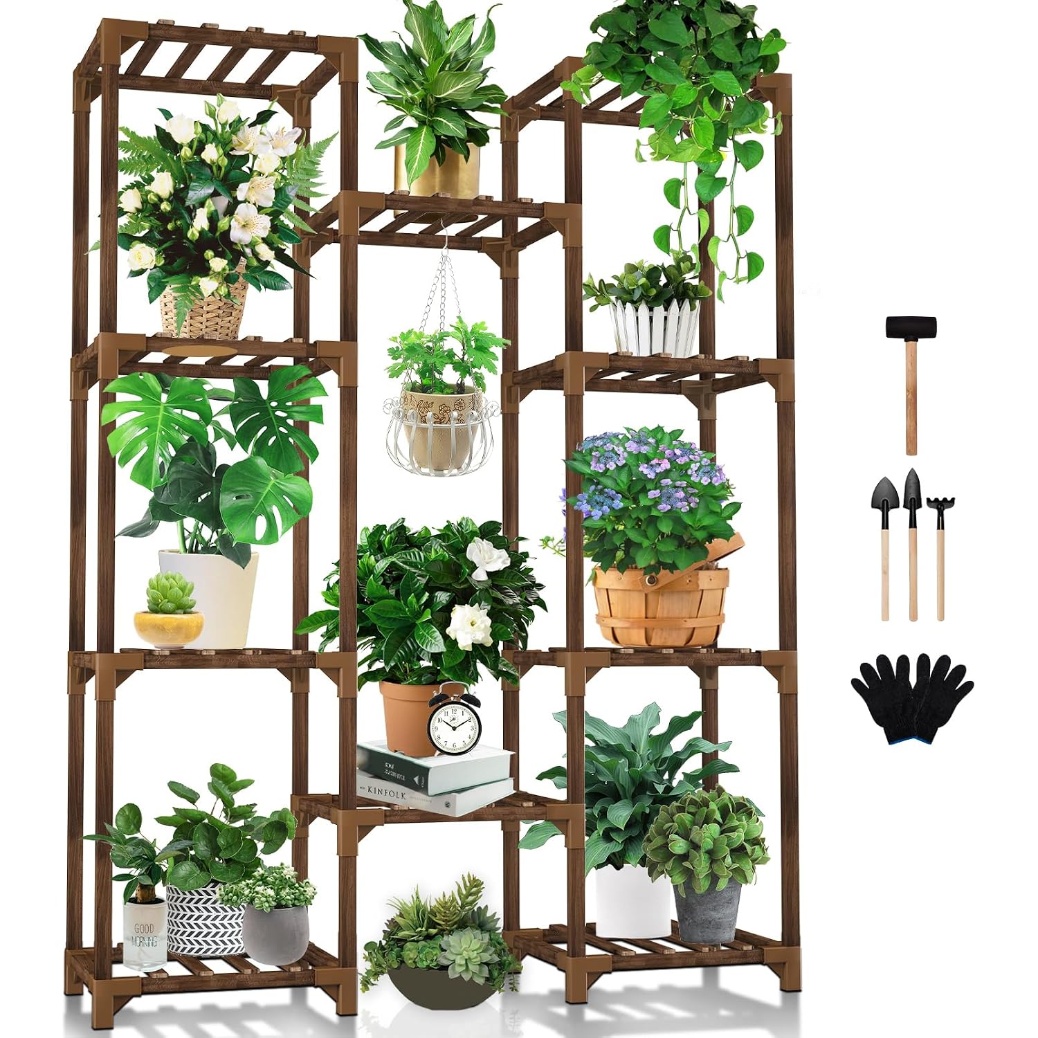 Plant Stand Indoor Outdoor, Tall Plant Shelf For Multiple Plants, 10 Tiers 11 Pot Large Plants Holder Rack Wood Plant Shelves For Room Corner Balcony Garden Patio