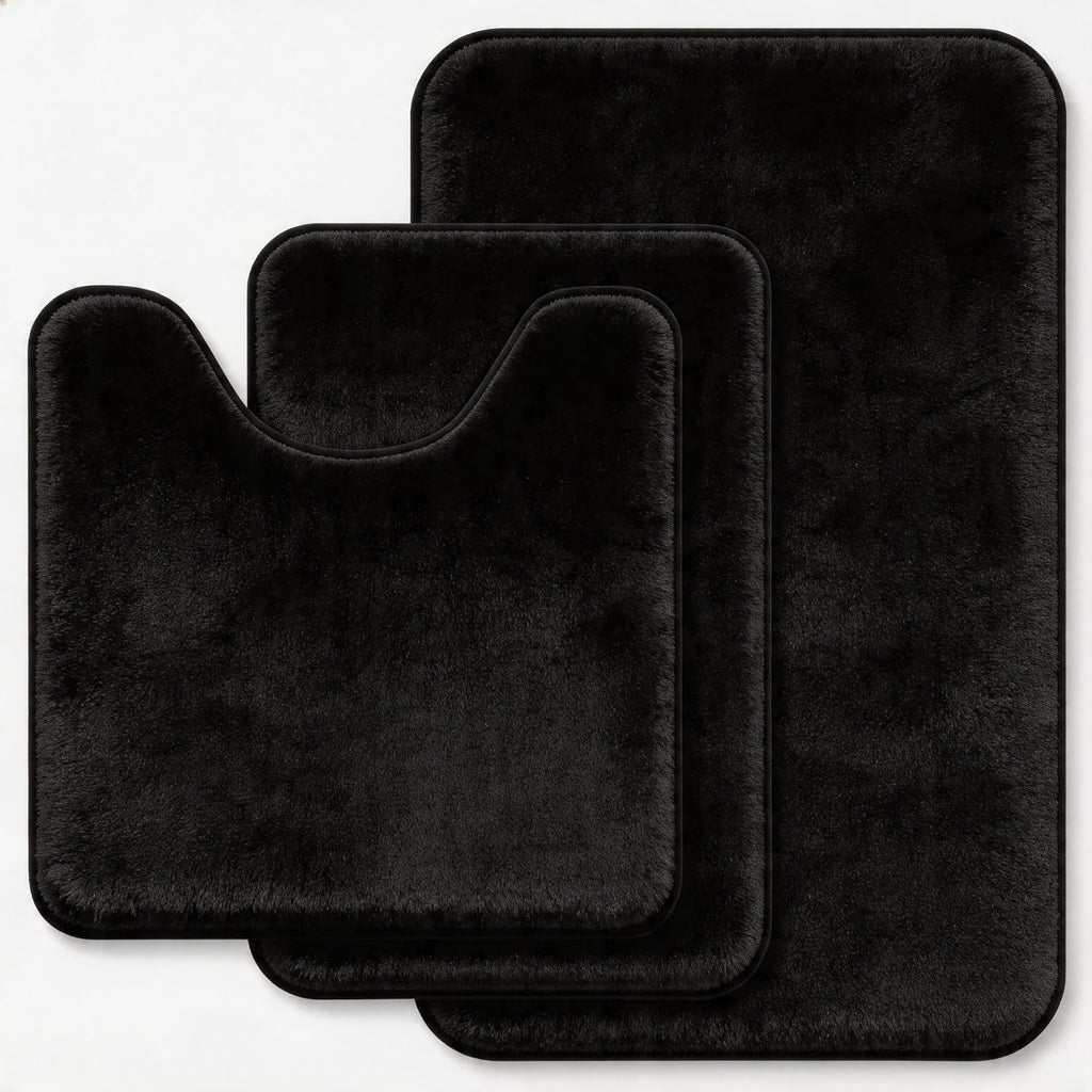 Black Bathroom Rug Set Memory Foam Bath Mats 3 Piece with Toilet Mats, Soft & Supportive, Shock Absorbing, Water Absorbent, Non-Slip Bath Rugs, Machine Washable, Area Rug, Home Decor Accessories
