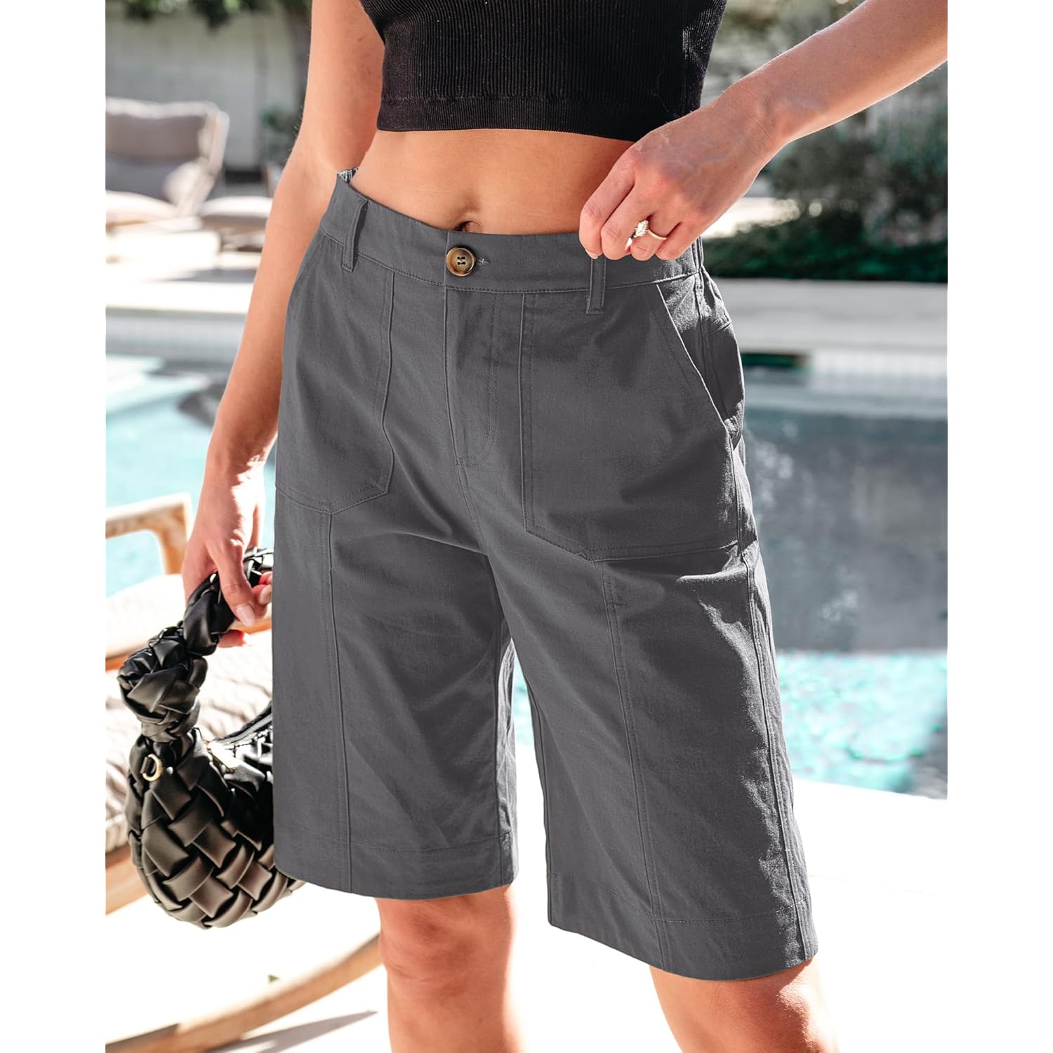 Bermuda Shorts for Women Knee Length High Waisted Cotton Elastic Waist Summer Dressy Casual Long Chino Shorts