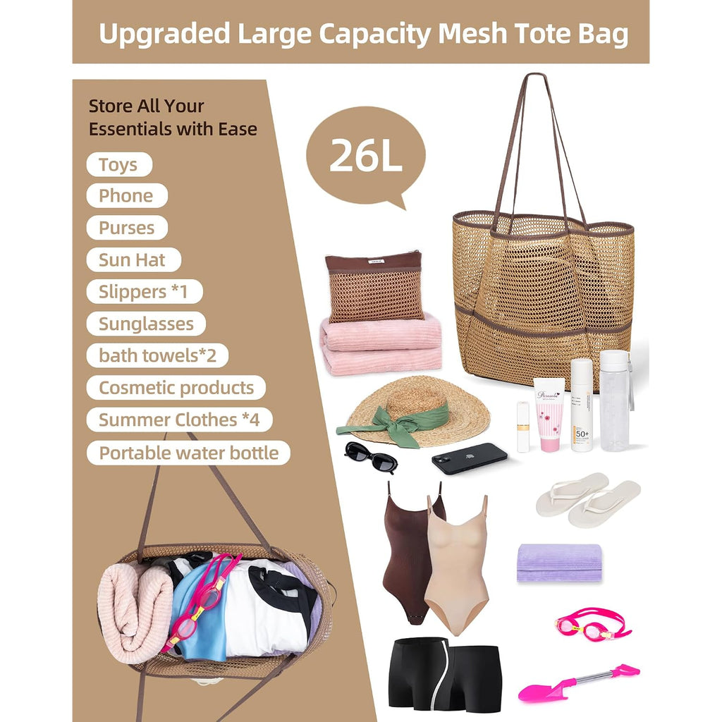 Mesh Beach Tote Bag Packable,2026 New 2-In-1 Large Lightweight Foldable Beach Bags With Multiple Pockets For Women