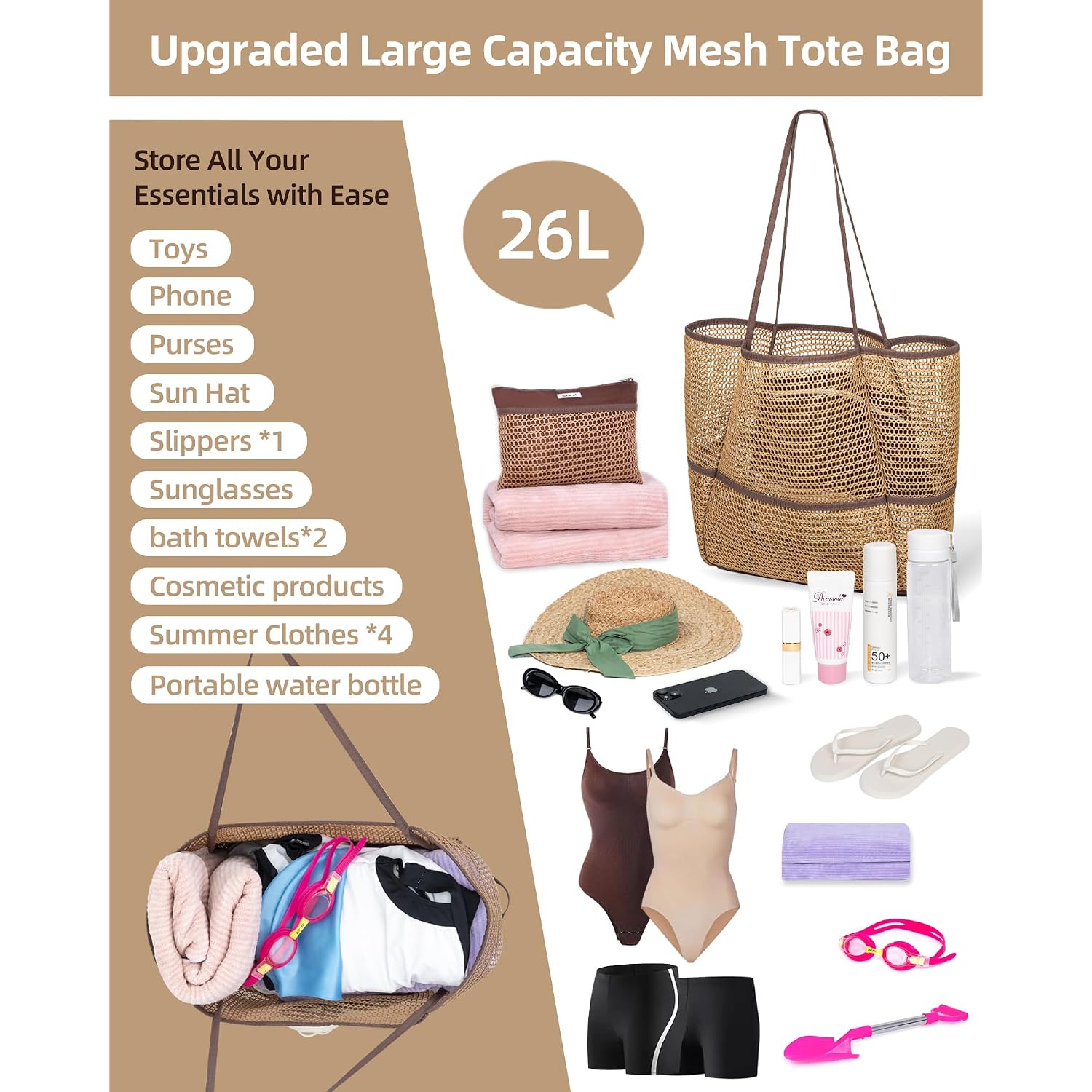 Mesh Beach Tote Bag Packable,2026 New 2-In-1 Large Lightweight Foldable Beach Bags With Multiple Pockets For Women
