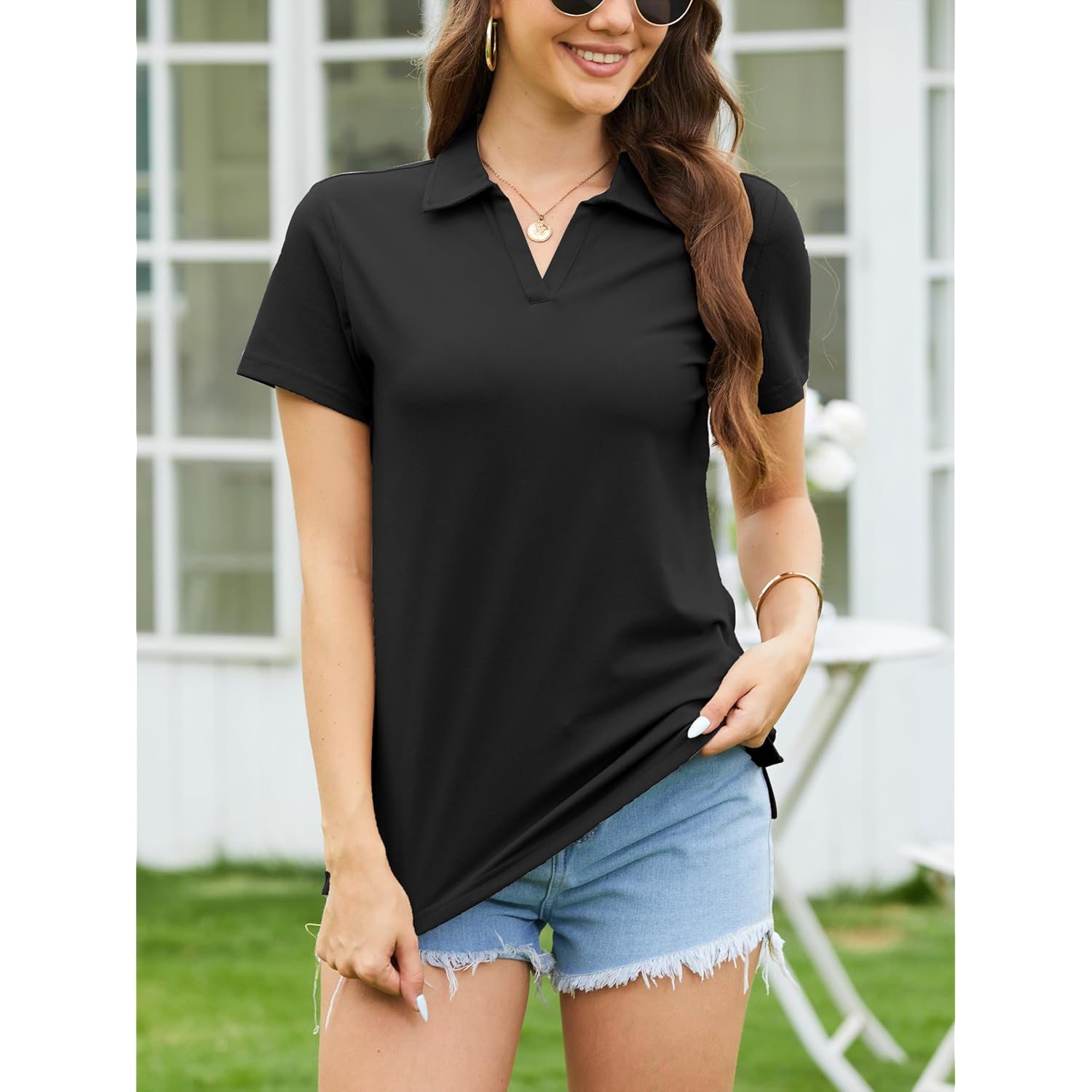 Women's Polo Shirts Cotton Pique Short Sleeve Summer Tops Collared V-Neck Work,Casual,Golf Shirt