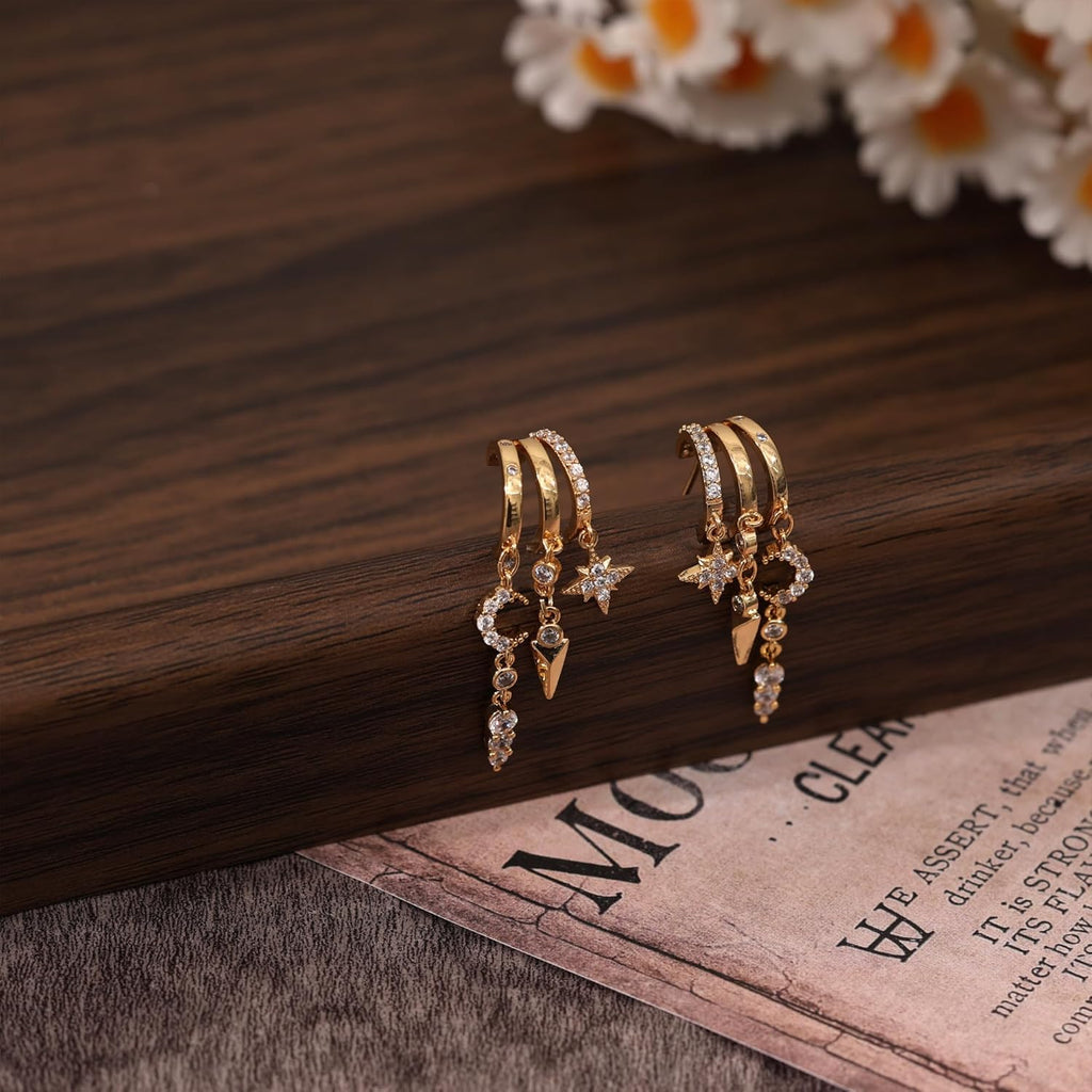 Dangle Earrings For Women,Dainty 14K Gold Plated Hypoallergenic Small Triple Huggie Hoop Earring Gothic Cute Cross Moon Star Drop Earrings For Women Trendy Gold Statement Stud Earring Jewelry