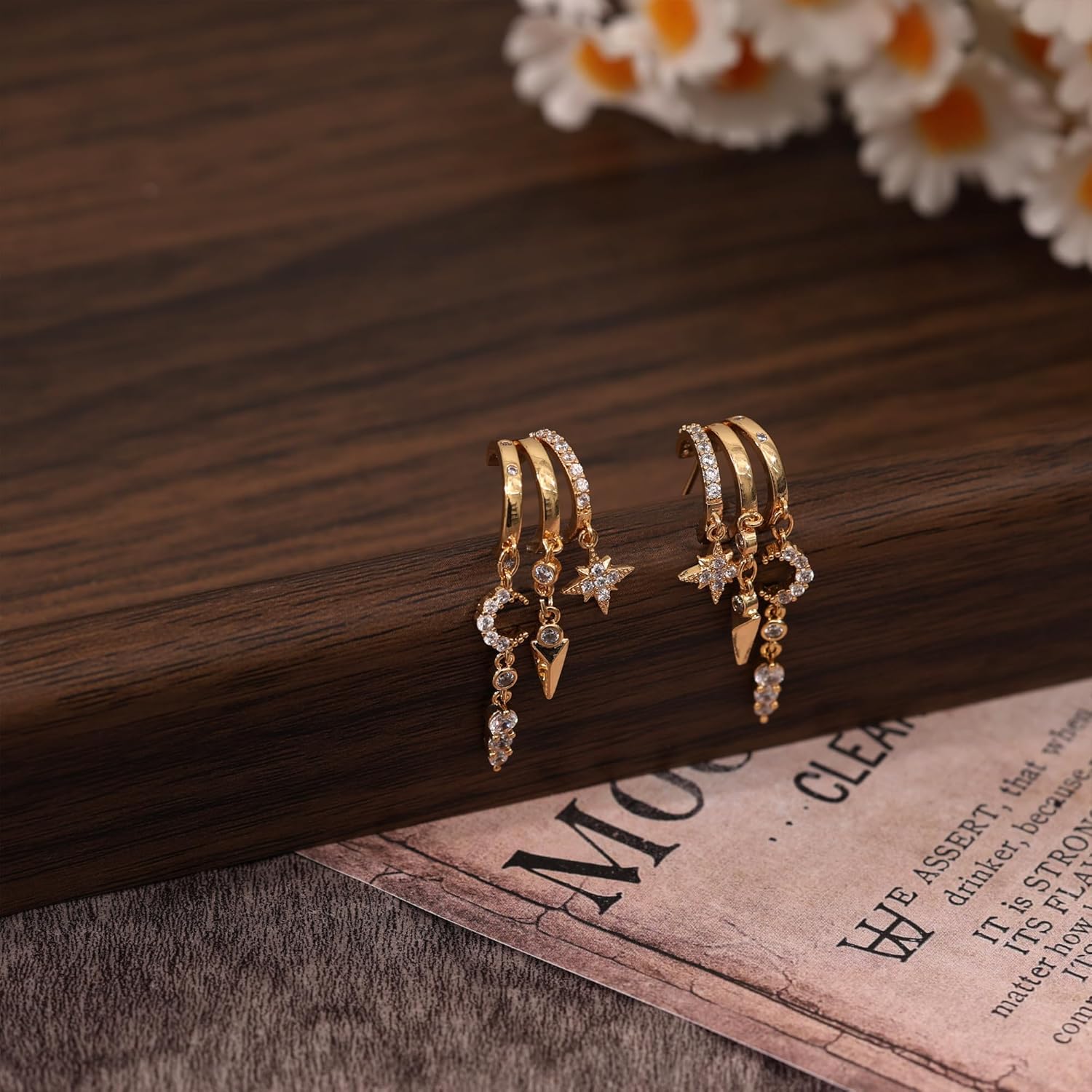 Dangle Earrings For Women,Dainty 14K Gold Plated Hypoallergenic Small Triple Huggie Hoop Earring Gothic Cute Cross Moon Star Drop Earrings For Women Trendy Gold Statement Stud Earring Jewelry