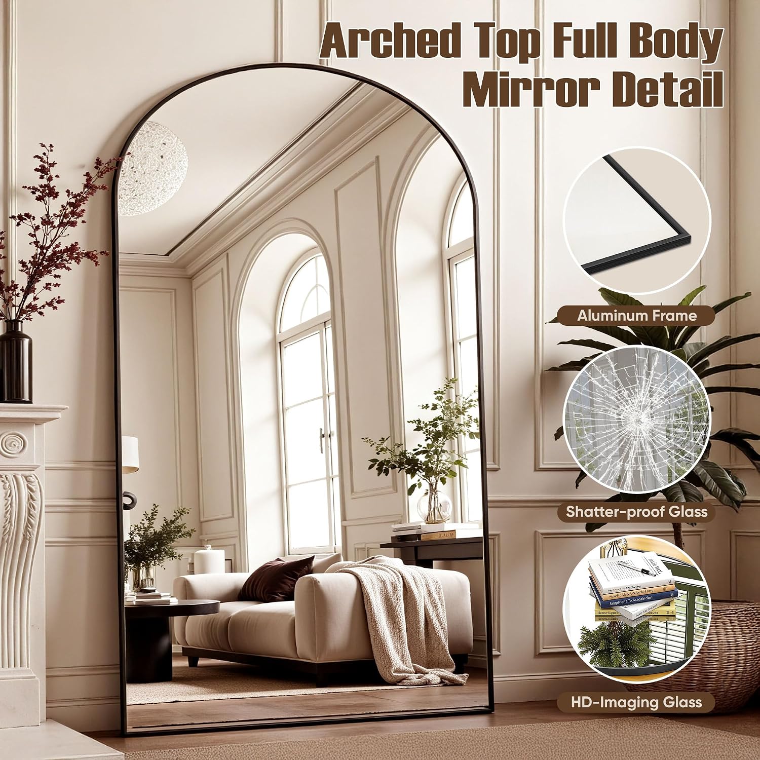 Full Length Mirror, 81"X41" Arched Full Body Mirror, Oversized Floor Mirrors, Leaning Free Standing Mirrors, Hanging Mounted Large Mirrors For Bedroom Dressing Room, Cloakroom, Black