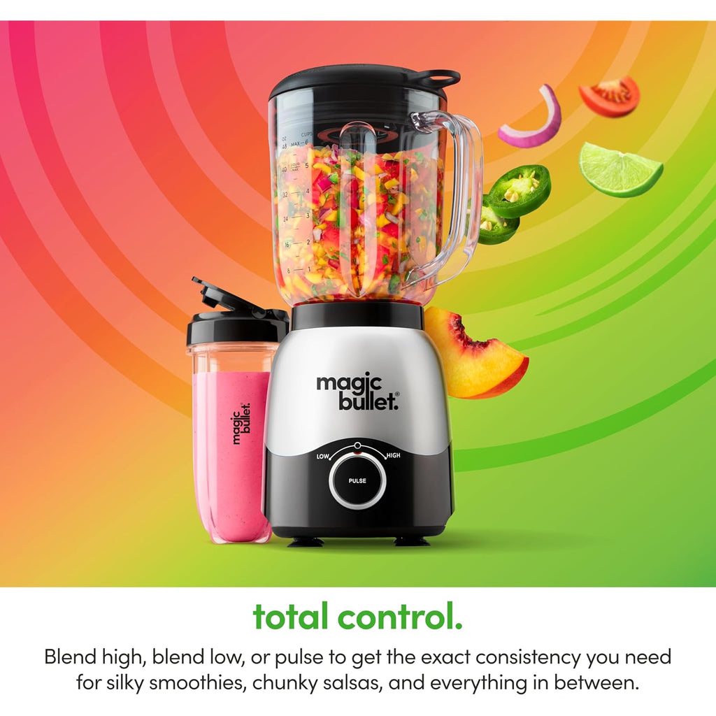 magic bullet Combo Blender, 600W, 48oz Pitcher, 16oz Cup with To-Go Lid, Easy Cleaning, Cross Blade, for Smoothies, Sauces, Shakes, Salsa, Hot Blends, Silver, MBF50200