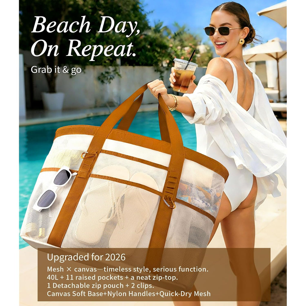 2026 Stylish & Spacious Xx-Large Beach Bag For Women – Mesh × Canvas Tote With Top Zipper, 11 Tall Pockets | 40L+ Spacious