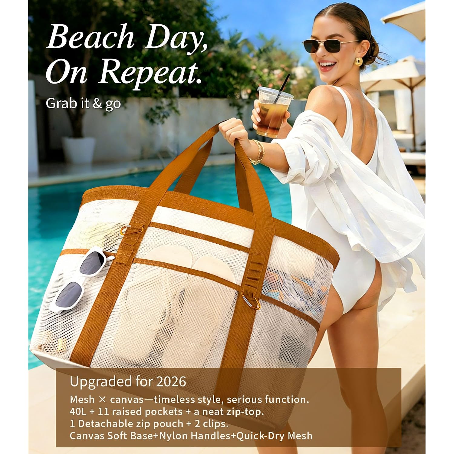 2026 Stylish & Spacious Xx-Large Beach Bag For Women – Mesh × Canvas Tote With Top Zipper, 11 Tall Pockets | 40L+ Spacious