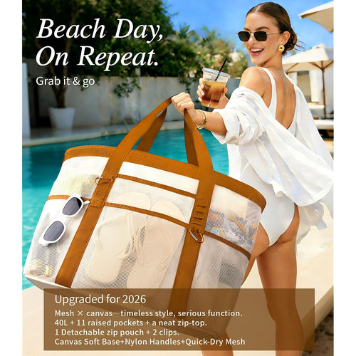 2026 Stylish & Spacious Xx-Large Beach Bag For Women – Mesh × Canvas Tote With Top Zipper, 11 Tall Pockets | 40L+ Spacious