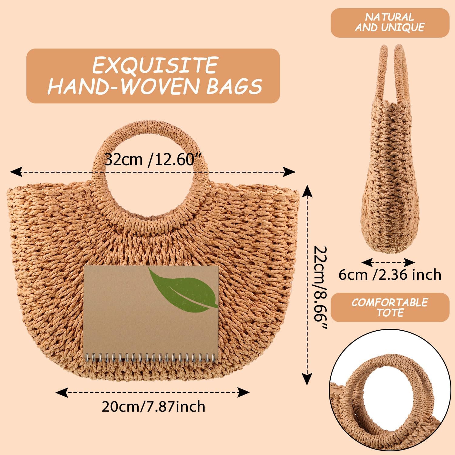 Frienda Straw Tote Bag Summer Beach Bag Handmade Straw Rattan Woven Handbag for Women Travel