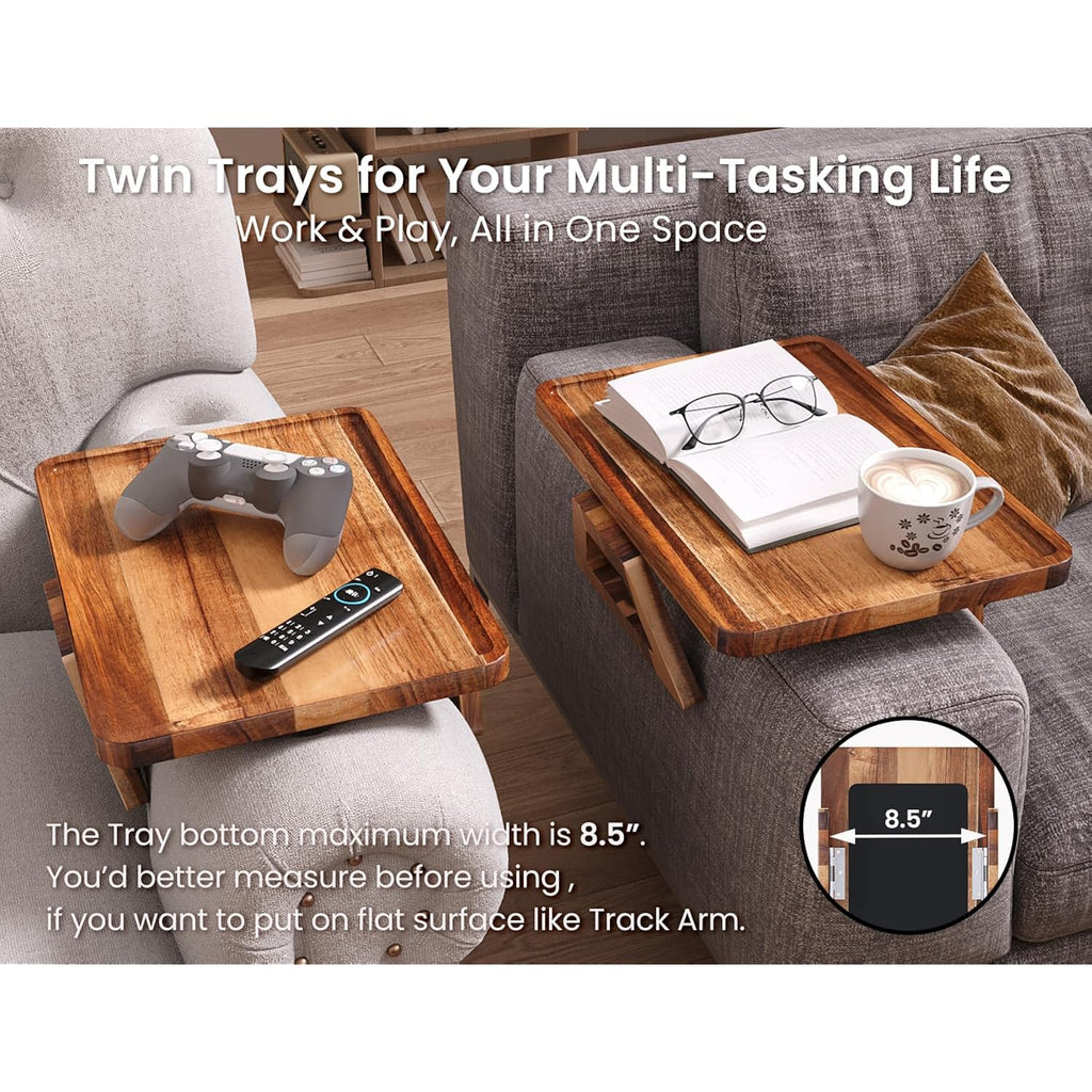 2 Pack Acacia Wood Couch Arm Tray,Couch Tray,Folding Sofa Armrest Trays,Couch Arm Table Clip-On Couch Desk For Drinks,Snacks,Phone,Remote Control