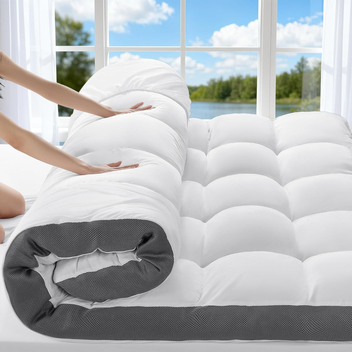 4 Inch Memory Foam Mattress Topper Queen, Cooling Extra Thick 2000 Gsm Pillow Top Mattress Pad For Back Pain Relief,Soft Breathable Mattress Cover For Fluffy Shredded Memory Foam Filled (60"X80")