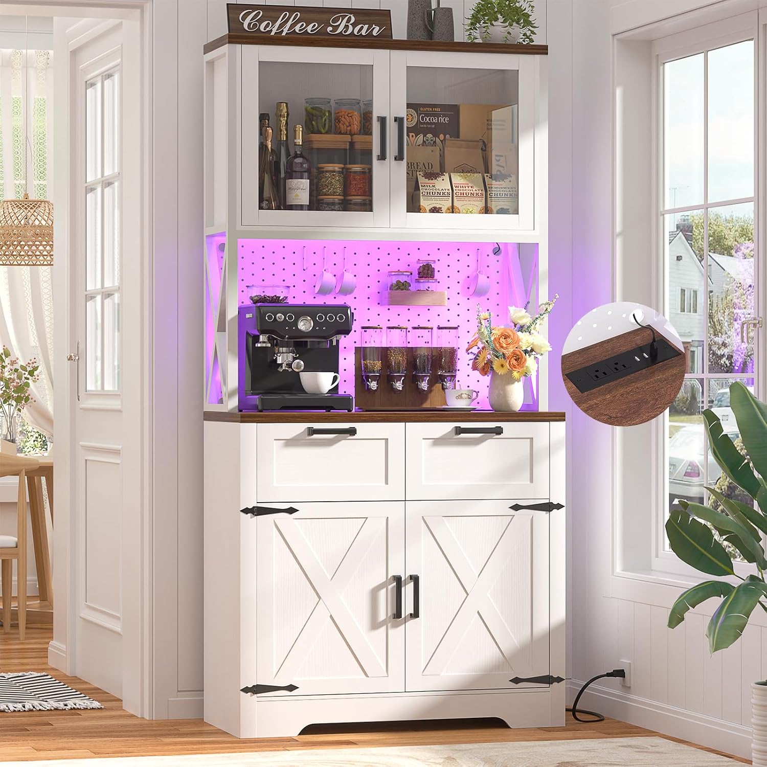 Unikito 71" Pantry Cabinet With Led Light & Outlet, Tall Kitchen Pantry Storage Cabinet With Microwave Stand, Diy Pegboard, Drawers And Adjustable Shelf, Farmhouse Kitchen Hutch For Dining Room