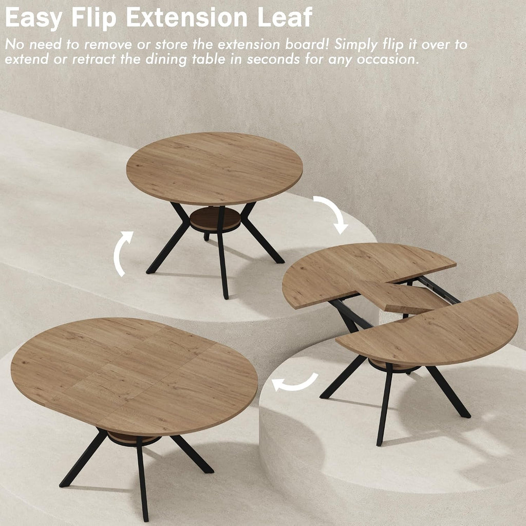 42"-58" Extendable Round Dining Table For 4-6, Kitchen Oval Table With Built-In Flip Leaf & Storage Shelf, Space Saving Modern Design With Sturdy Metal Legs For Kitchen, Living Room & Small Apartments