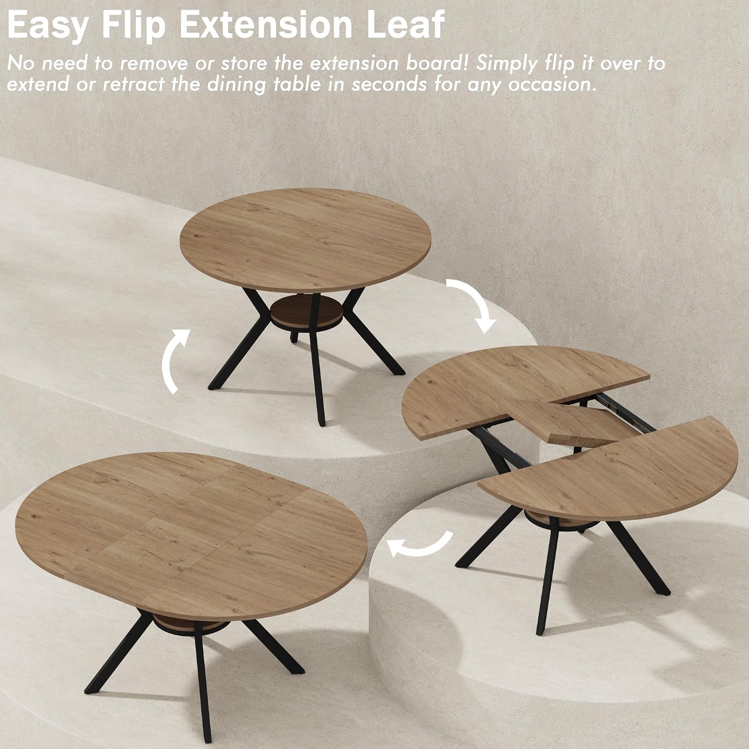 42"-58" Extendable Round Dining Table For 4-6, Kitchen Oval Table With Built-In Flip Leaf & Storage Shelf, Space Saving Modern Design With Sturdy Metal Legs For Kitchen, Living Room & Small Apartments