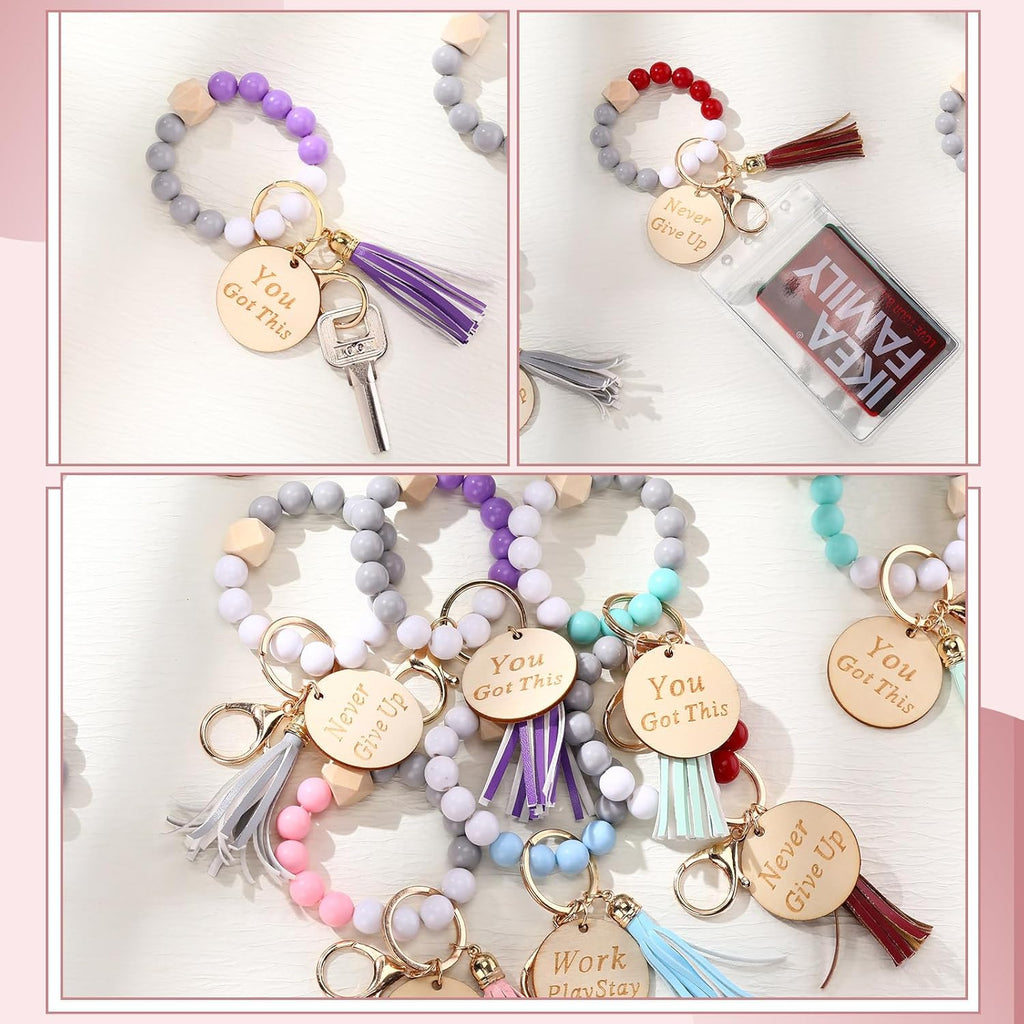 Faccito 12 Pcs Inspirational Keychain Bracelet with Tassel Beaded Motivational Quote Wristlet Keyring for Nurse Grad Gift(Aesthetic Color)