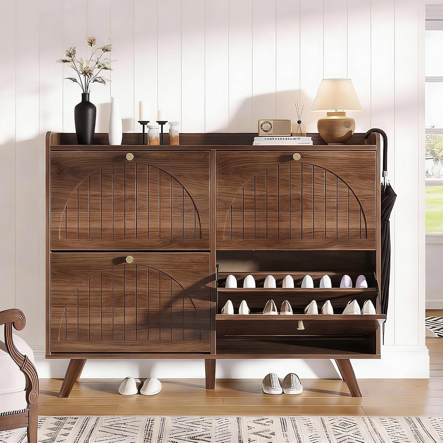 Decofy 47.2” Shoe Cabinet With 4 Flip-Down Drawers, Three Adjustable Levels, Freestanding Wooden Shoe Rack, Suitable For Entryway, Hallway, And Living Room (Walnut)