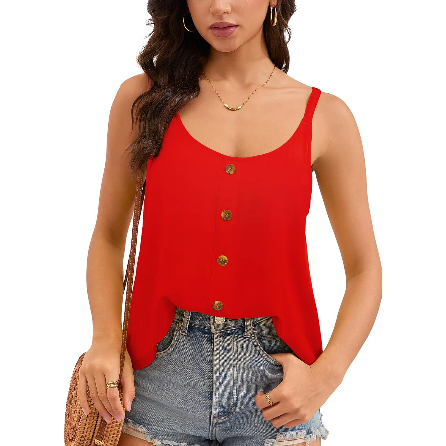 Women'S Tank Tops Spaghetti Strap Sleeveless Flowy Loose Camisole Button Summer Casual Cami Shirts