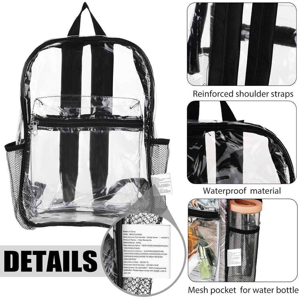 Silkfly 100 Pack Clear Backpacks Bulk Pvc Transparent Bookbags Heavy Duty See Through Bags With Pockets For Stadium Work Travel (15 X 11 X 5.2 Inches,Black,Gray,Blue,Pink)