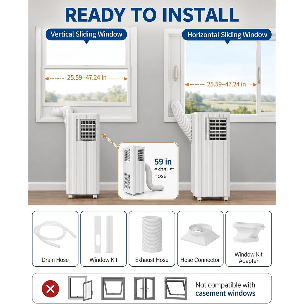 8,000 Btu Portable Air Conditioners, Cools Room Up To 350 Sq.Ft, 4-In-1 Ac Unit With Dehumidifier & Fan Mode, Remote Control, Ultra-Quiet 50Db, White & Black, Easy Window Kit