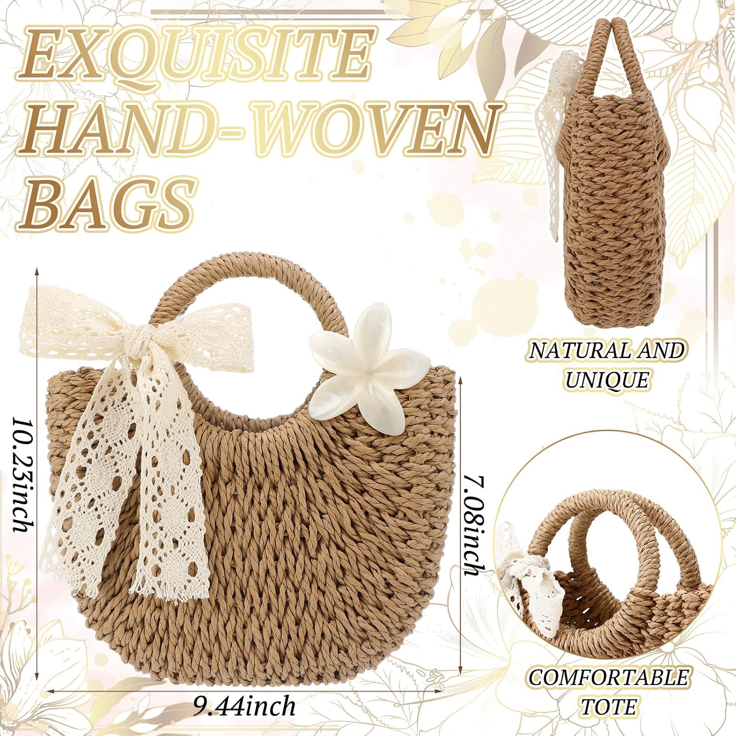 Straw Tote Bags With Flower Hair Clips Bridesmaid Boho Beach Bag Straw Purses Bulk Handmade Rattan Woven Handbags