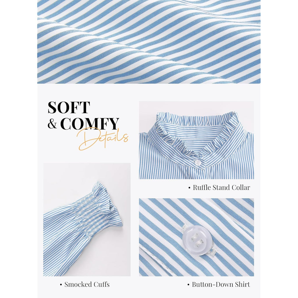 Women's Striped Button Down Shirts Long Sleeve Smocked Cuffed Ruffle Collar Blouses Spring Work Business Casual Tops