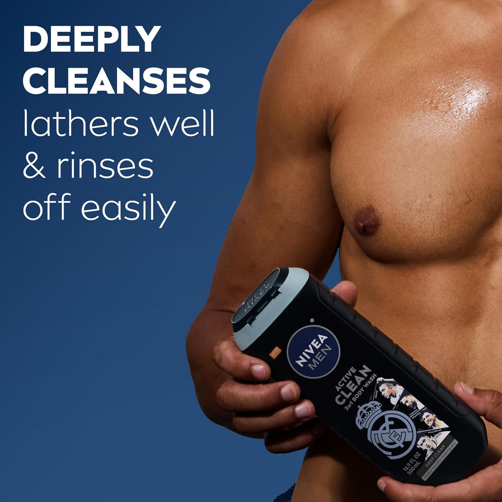 Nivea Men Real Madrid Limited Edition Design Active Clean Body Wash With Natural Charcoal For Normal To Oily Skin, 3-In-1 Charcoal Body Wash, Face And Hair, 16.9 Fl Oz Bottle, Pack Of 3