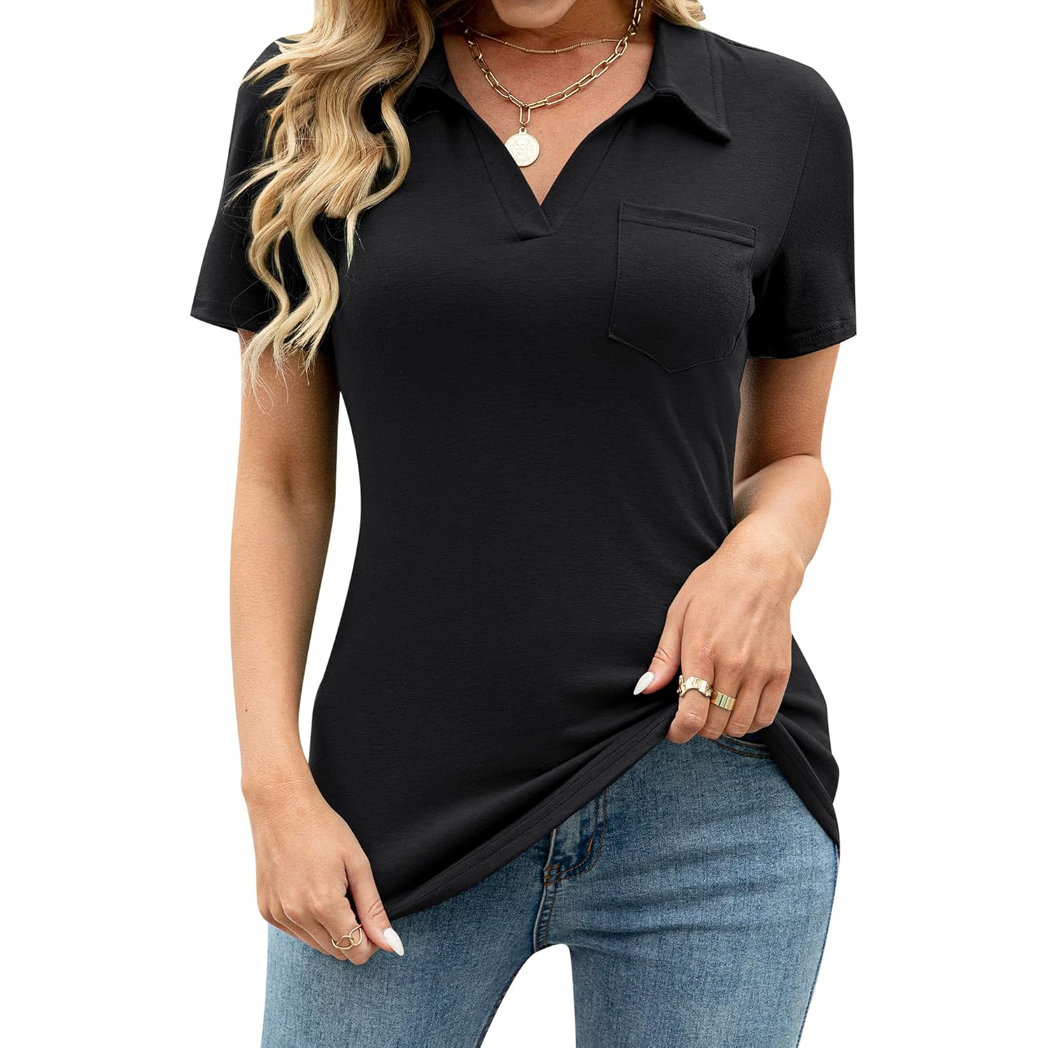 Womens V Neck Polo Shirts Short Sleeve Collared Tops Loose Casual Tunic Blouses with Pocket