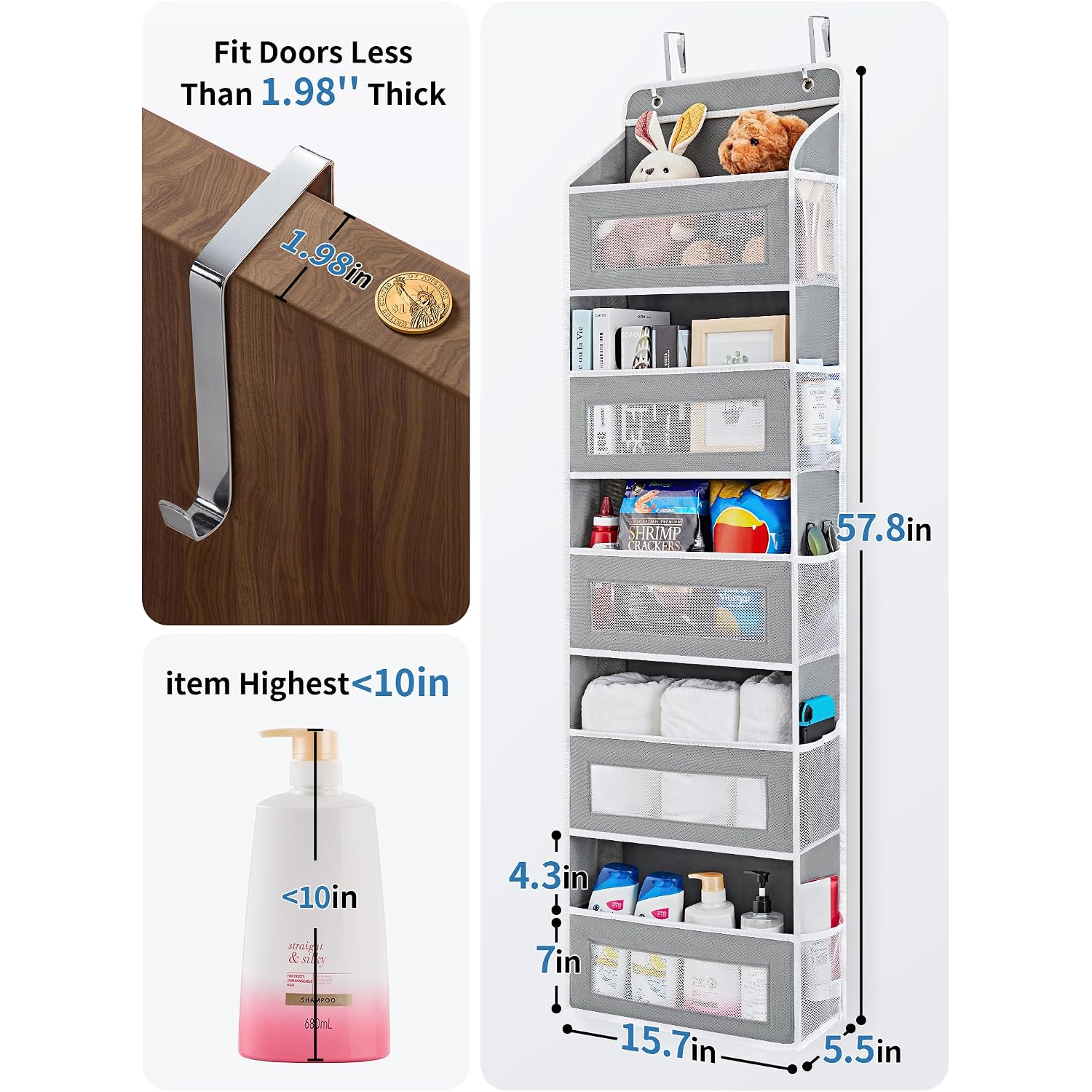Jarlink Over The Door Organizer Storage, 5 Shelf Hanging Door Organizer With 5 Large Capacity Pockets, Anti Tilt 44 Lb Load Behind Door Storage For Bedroom, Bathroom, Pantry, Nursery, (Grey)